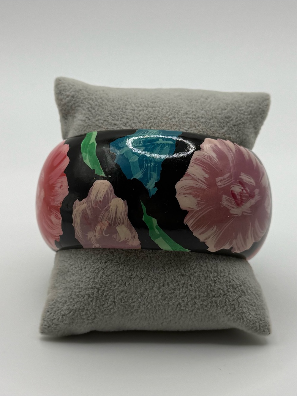 Black Floral Painted Cuff Bracelet in Pink and Green